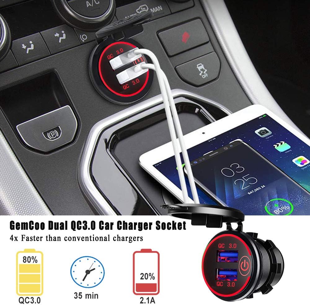 Quick Charge 3.0 Dual USB Car Charger Socket with Touch Switch 12V/24V 36W QC3.0 Dual USB Fast Charger Socket Power Outlet for Marine, Boat, Motorcycle, Truck, Golf Cart(Red)