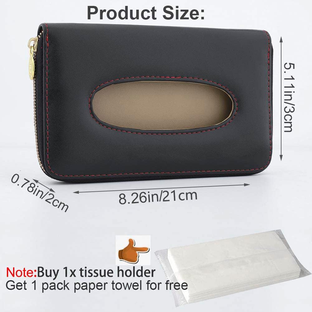 Car Tissue Holder - Sun Visor Napkin Holder, PU Leather Backseat Tissue Case with Zipper (Black)