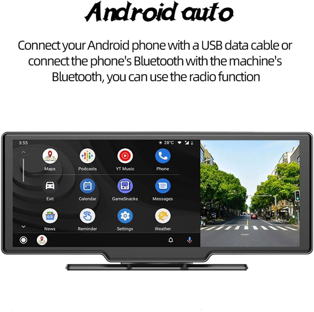 Portable Carplay Screen with Carplay & Android Auto, 10" Touch Screen with 2K Dash Cam, Rear Camera, Mirror Link, FM Transmitter, Split Screen, Bluetooth Car Radio