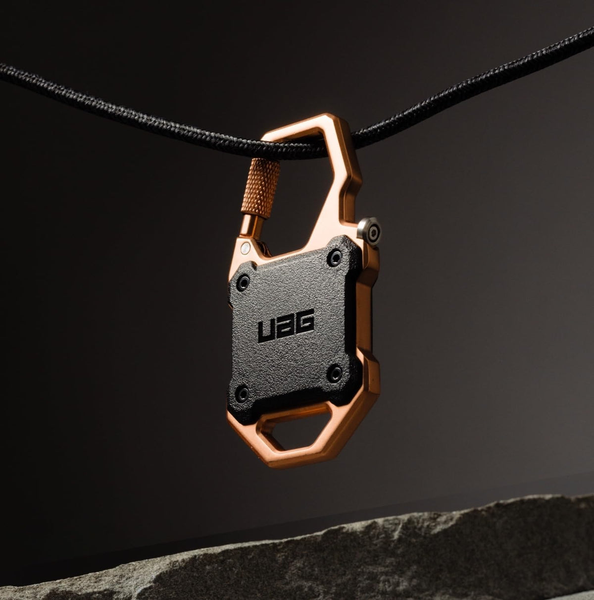 URBAN ARMOR GEAR UAG Designed for AirTag (Gen 2 & 1) Case with Built-in Bottle Opener Monarch - Hard Shell Lock Case AirTag Holder Locking Carabiner for Keys, Luggage & Bags, Black/Copper
