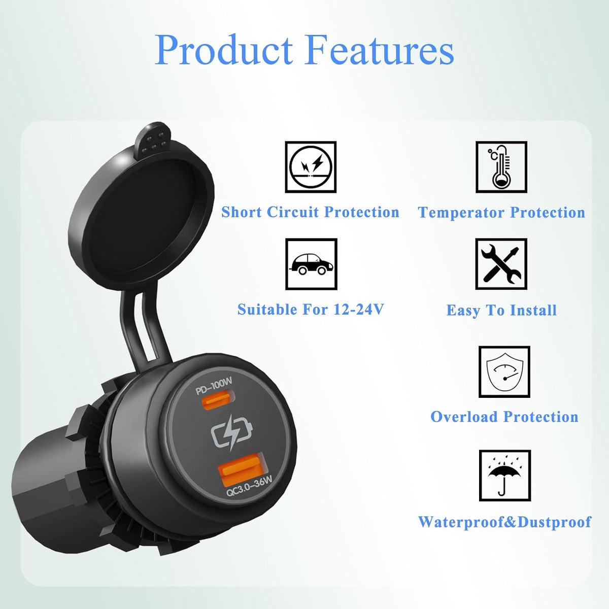 100W Dual USB Car Charger Socket PD100W QC3.0 Fast Charging Type C & Type A Ports 12V/24V Compatible for Cars Trucks RVs Boats Marine (PD100W QC3.0)