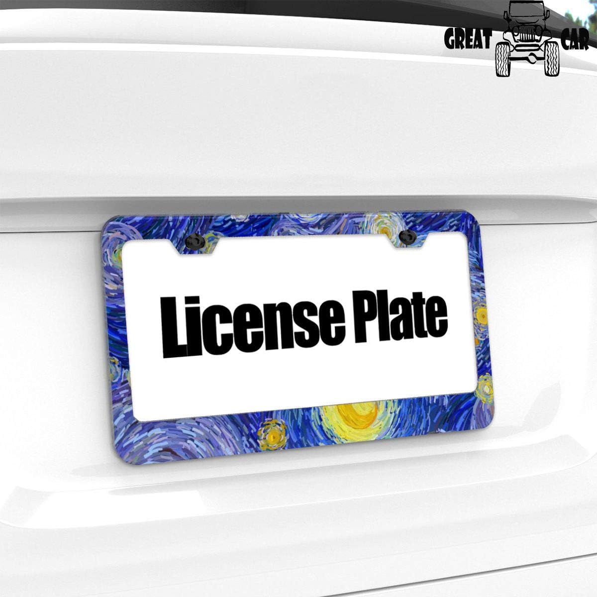 Starry Night License Plate Frame Print Auto Tag Frames Art Oil Painting License Plates Holder 2 Holes Decorative Car Plates Cover Blue for Men Women