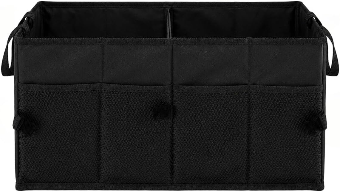 Collapsible Car Trunk Organizer with Leak-Proof Base, Adjustable Sections | Folds flat. Waterproof Oxford fabric, leak-proof base. Fits sedans, SUVs, trucks. Organizador maletero plegable