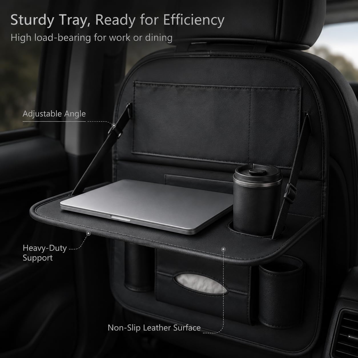 2 Pack Leather Look Car Backseat Organizer with Tablet Holder, Foldable Tray, 8 Storage Pockets, Cup Holder, Tissue and Umbrella Slots, Seat Back Protector Kick Mat for Cars SUVs Trucks