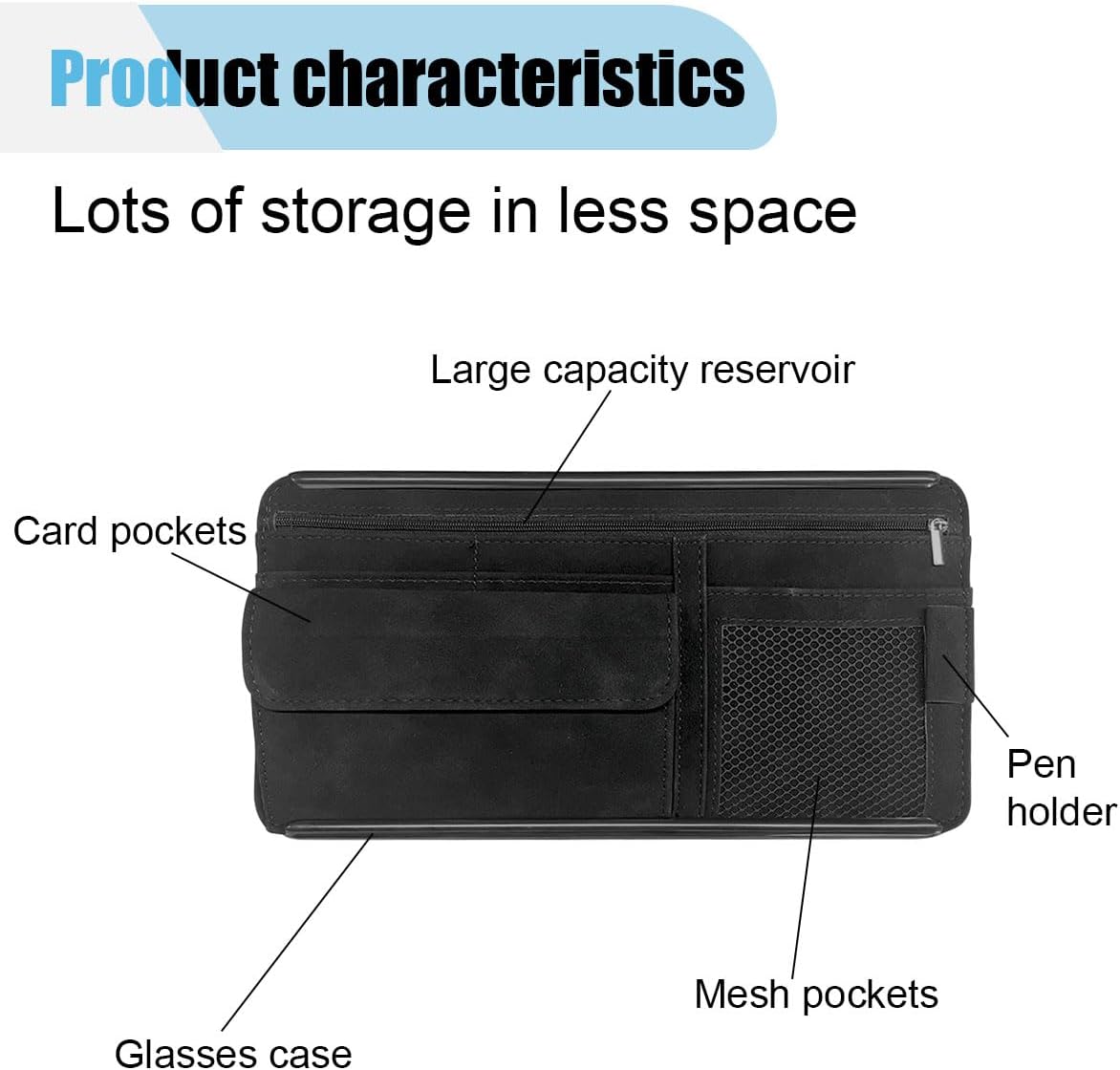 Suede Car Sun Visor Organizer with Multi-Pocket Net Zipper, Glasses Case, Sunglass Holder for Interior Accessories (Black)