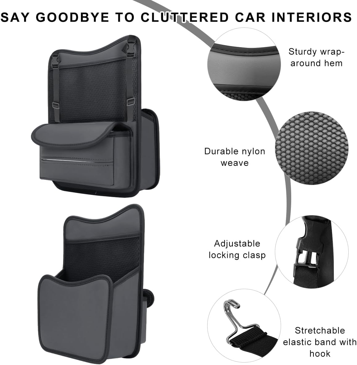 Car Organizer Storage Between Seats, Leather Car Console Hanging Storage Organizer with Mesh Pocket Tissue Box, Multi-Functional Large Capacity Headrest Holder Bag for Purse Snack (Gray)