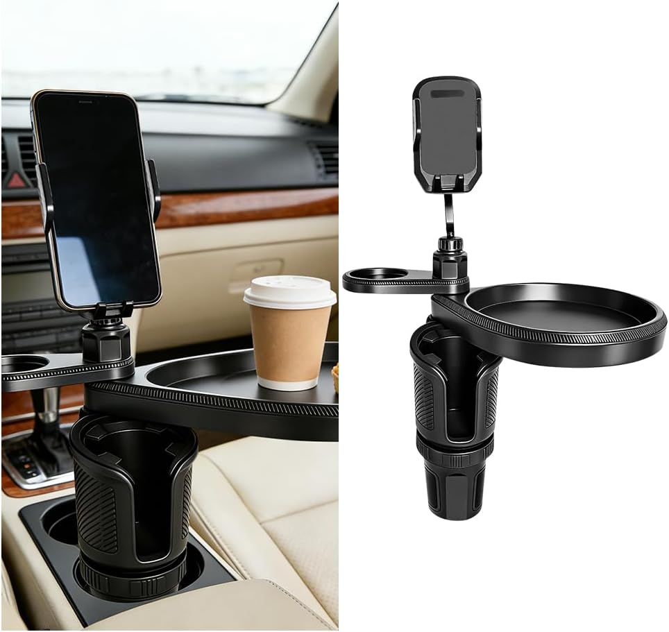 Car Cup Holder Tray, 4-in-1 Vehicle Drink Holder Expander Adapter with Phone Holder & Food Tray Table, Auto Center Console Cupholder Eating Table Organizer for Road Trip, Universal Fit (Gray)