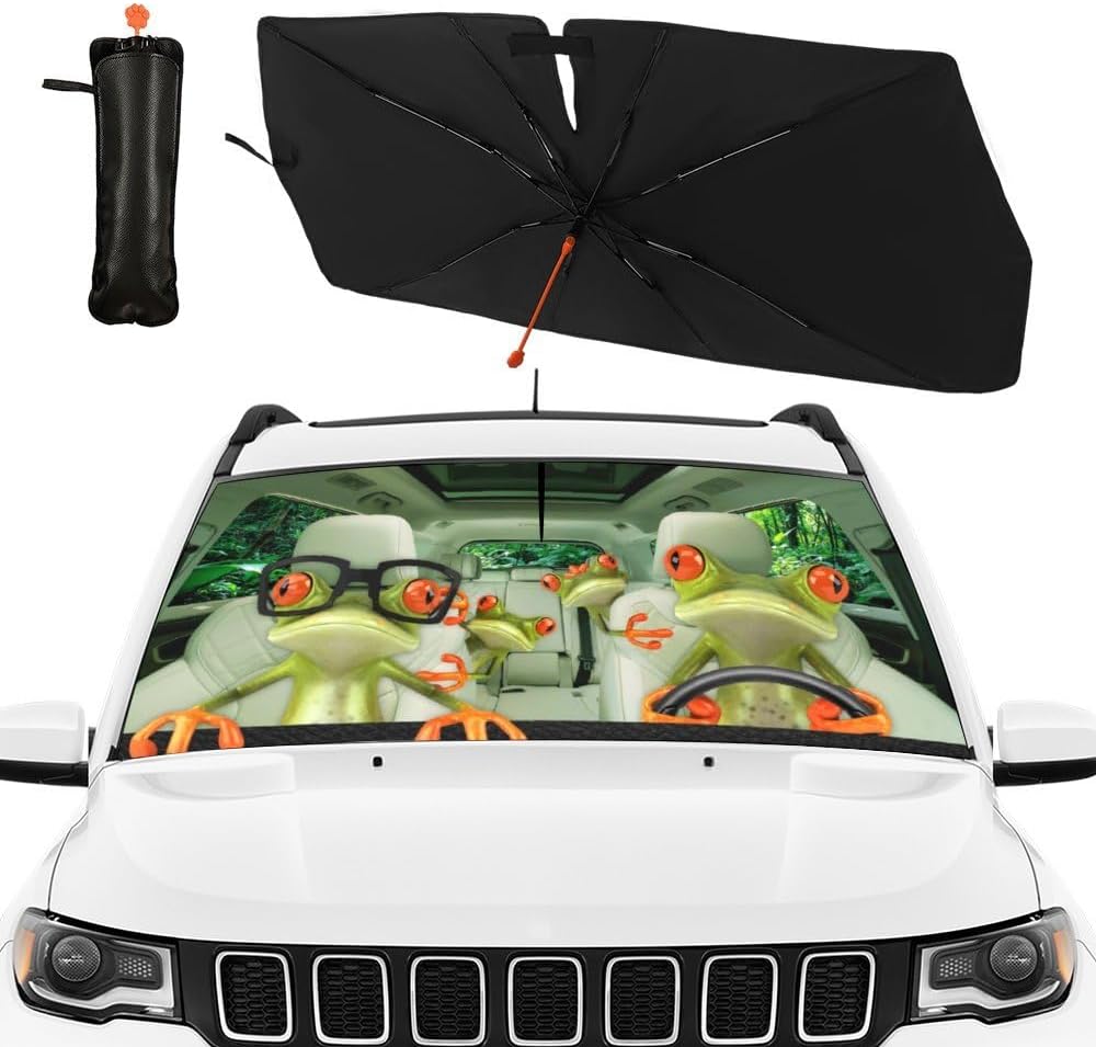 CHILL·TEK Print Frog Windshield Sun Shade Funny Frog Sun Shade for Car Front Window Block UV Rays Foldable Umbrella Windshield Sun Visor Protector Keep Vehicle Cool for Most Vehicles