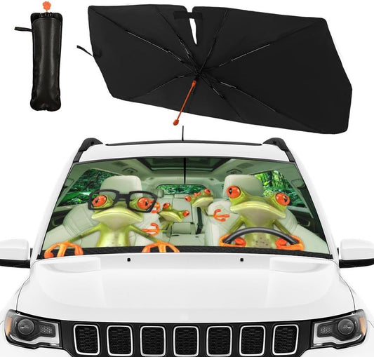 CHILL·TEK Print Frog Windshield Sun Shade Funny Frog Sun Shade for Car Front Window Block UV Rays Foldable Umbrella Windshield Sun Visor Protector Keep Vehicle Cool for Most Vehicles