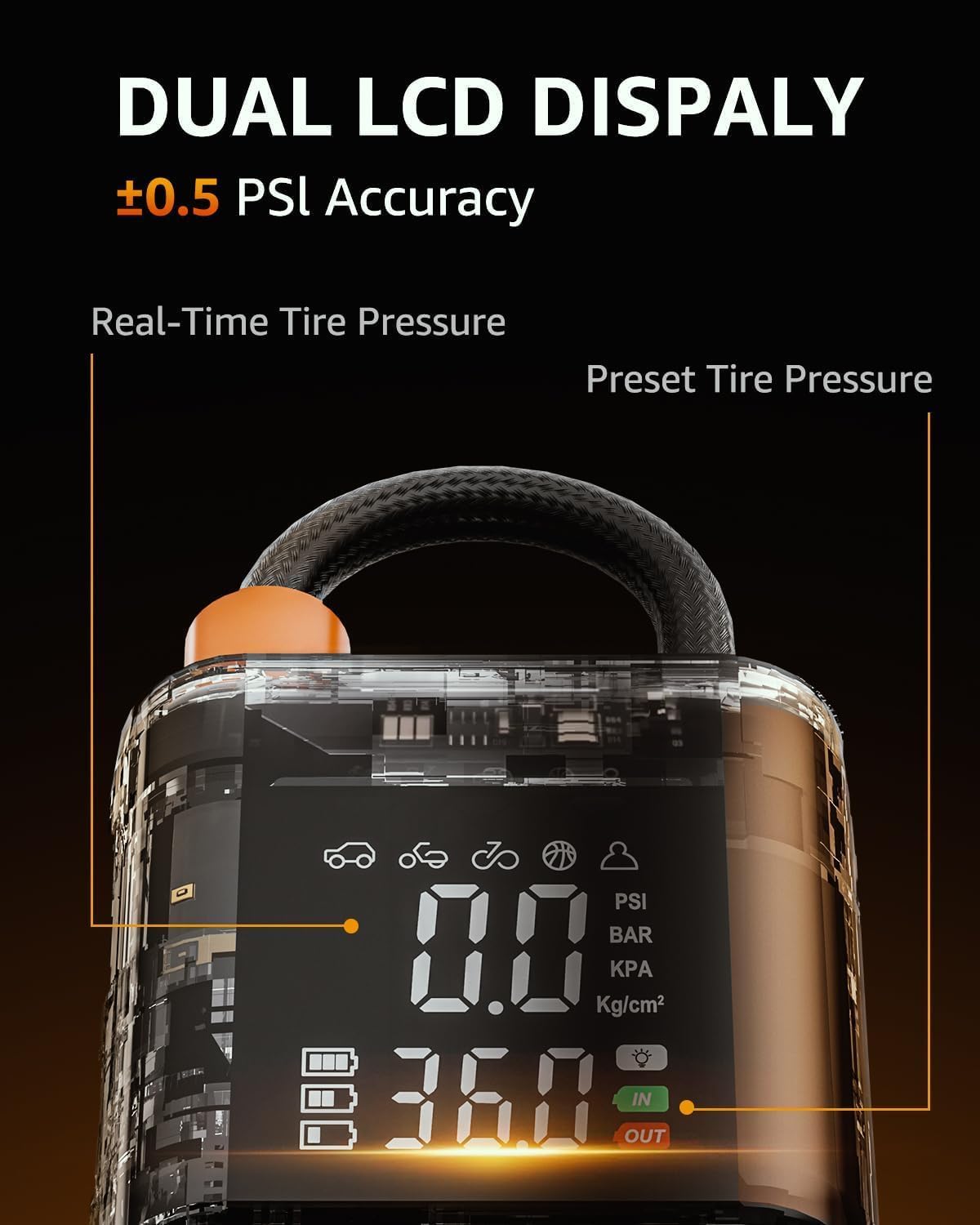 Tire Inflator Portable Air Compressor Cordless Mini Bike Pump with Digital Dual Values Display, 150 PSI Car Tires Air Pump with LED Lights&Pressure Gauge for Auto, Motorcycles, Bikes, Balls