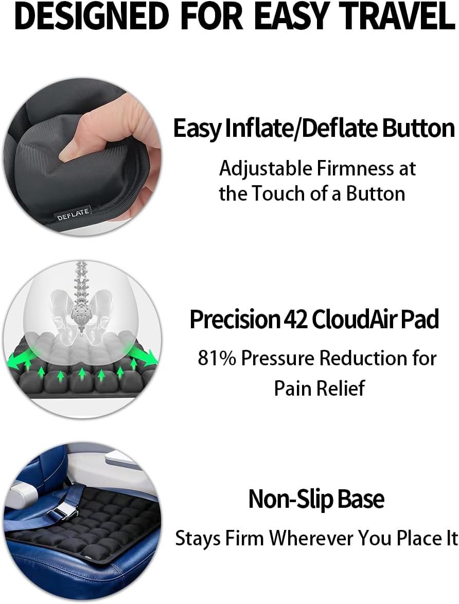 Soundur Travel Cushion Airplane Seat,Inflatable Air Bubble Design with Storage Bag for Car/Office/Kitchen Chairs.42 Air Cells, Adjustable Firmness, Non-Slip Bottom