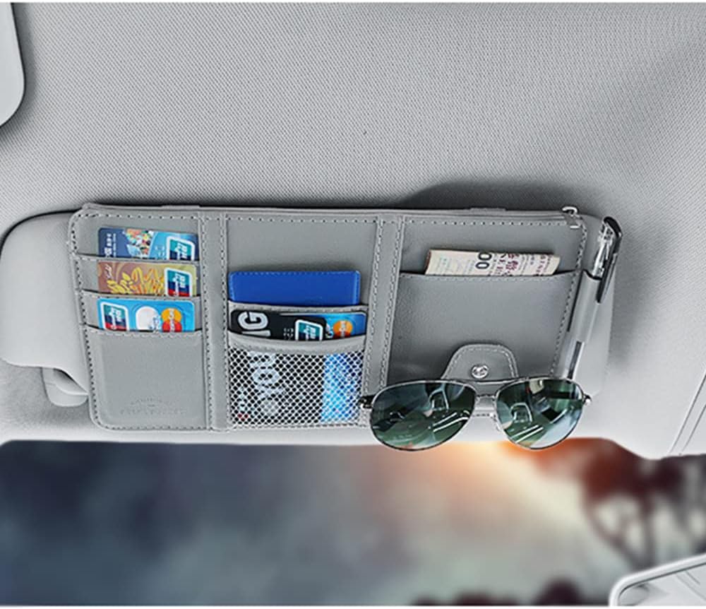 JEYODA Sun Visor Organizer Auto Interior Accessories Storage Pocket With Multi-Pocket Net Zippers (Style 2-Brown)