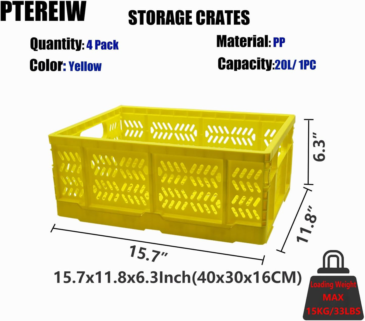 20L Folding Crate, 4Pack Plastic Storage Baskets Organizer for Home and Office,Collapsible Storage Crates for Home Office and Outdoor Organizer.(Yellow)