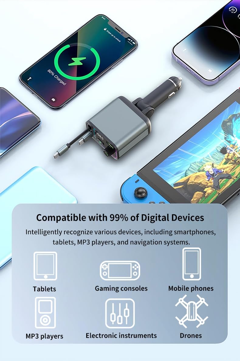 3 in 1 Retractable Car Charger Adapter & FM Transmitter