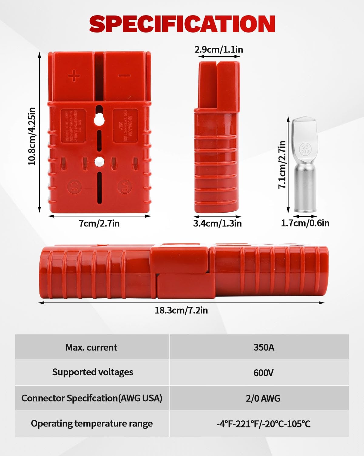 350A-600V Battery Quick Connect/Disconnect with 2/0 AWG, 6 PCS Jumper Cable Plug Connector, Compatible with Anderson Connector for Rescue Winch, Motor Recovery, Winch Trailer, Traction System (Red)