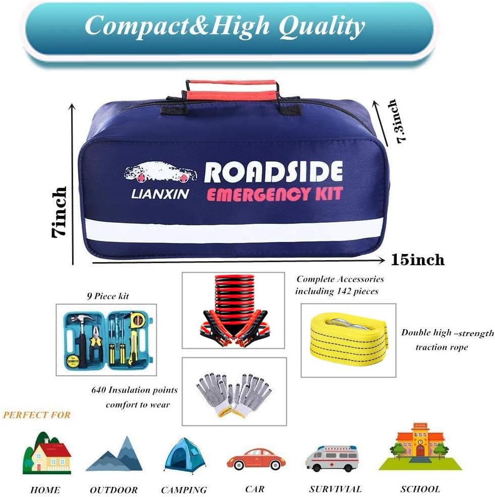 142 PCS Emergency Roadside Kit for Car ,Safety Car Kit with Jumper Cables | Roadside Assistance Emergency Kit Warning Triangle, Safety Hammer, Tow Rope, Car Emergency Kit Gifts for New Drivers