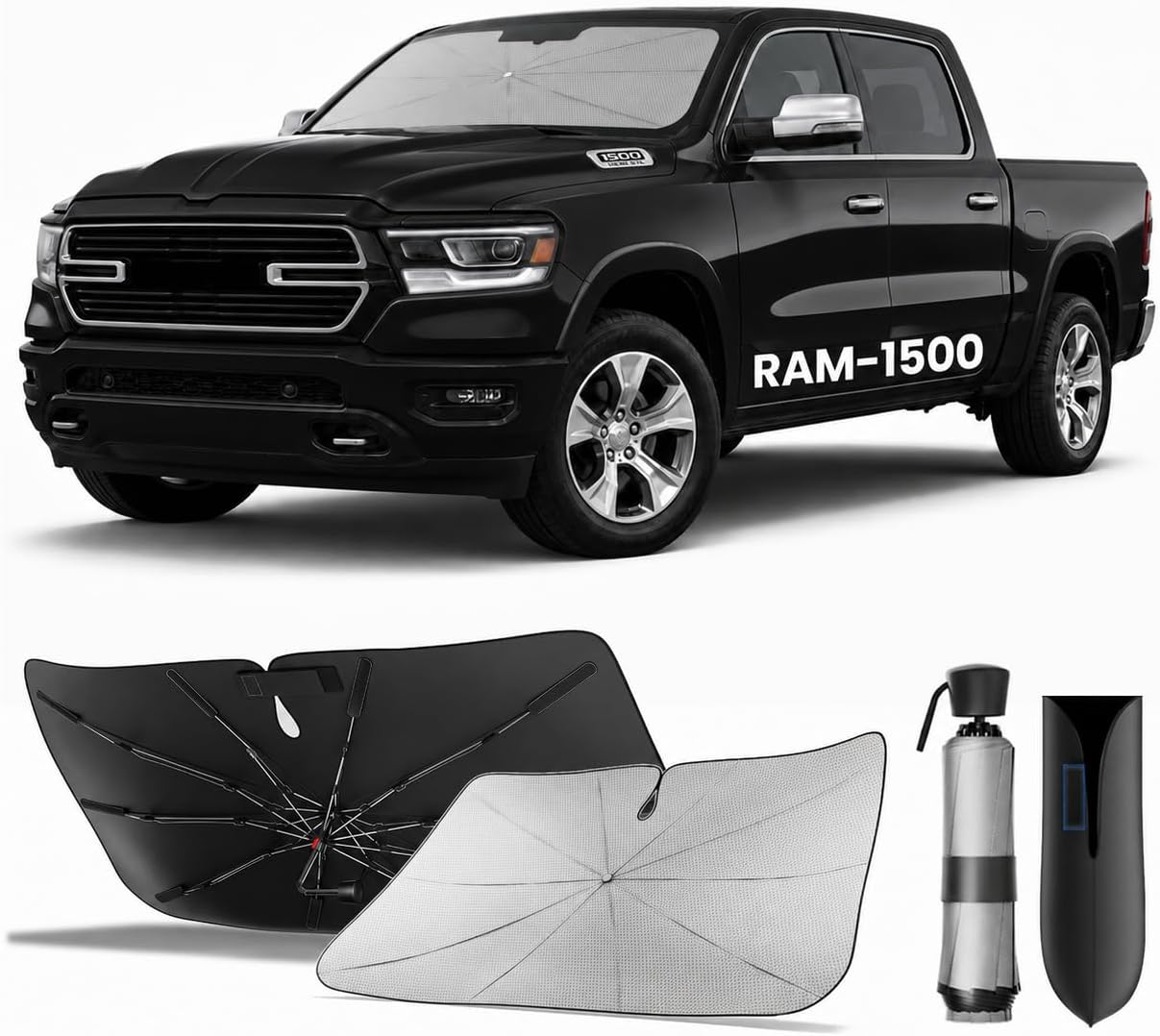 Zanch Windshield Sun Shade Umbrella: 1:1 Custom Fit for Ram 1500 2011-2026 [99% UV Protection, Up to 75℉ Cooler] Reflective Heat Shield, Built to Last, No Scratches, Foldable Front Sunshade Umbrella