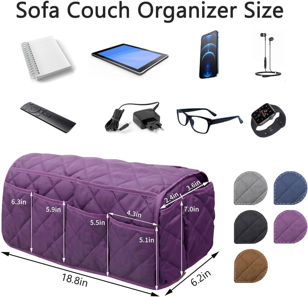 Sofa Armrest Organizer,Couch Remote Control Holder with 14 Pockets Waterproof Non Slip Recliner Organizer for TV Remotes Caddy, Book, Magazines, Ipad (Purple)