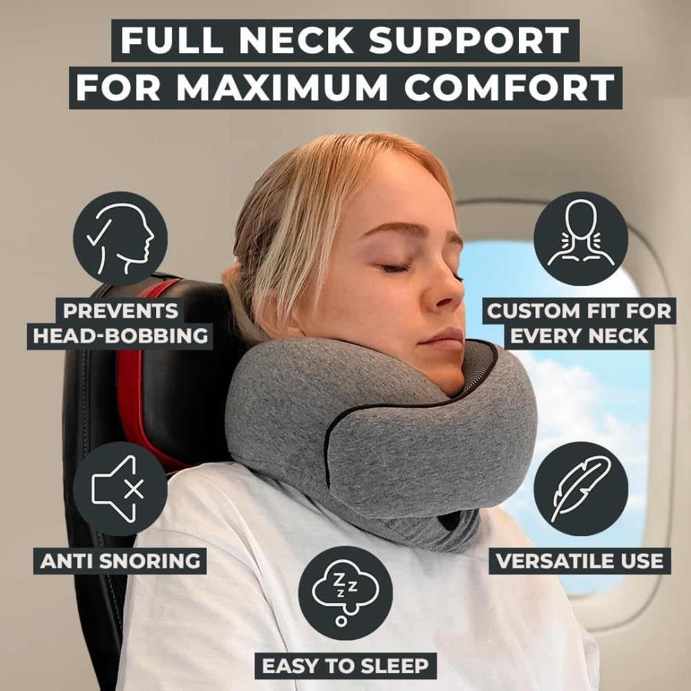 FlyHugz® Neck Travel Pillow Memory Foam Neck Pillow for Comfort on Airplane Compact and Ergonomic Design for Travel, Car Rides, and Home Use Ideal for Adults and Kids.