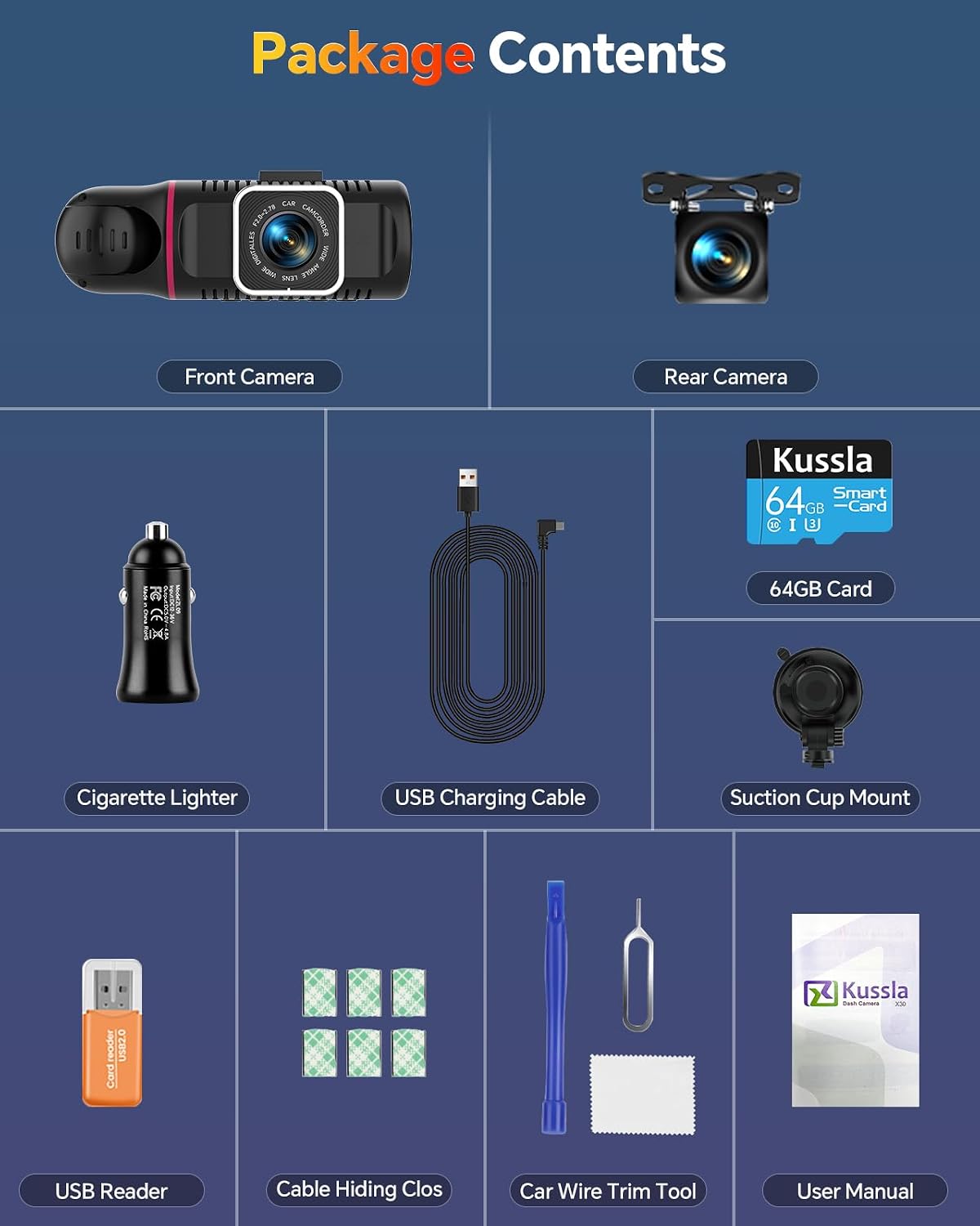 3 Channel Dash Cam Front Rear Inside, 1080P Car Camera with 64GB Card