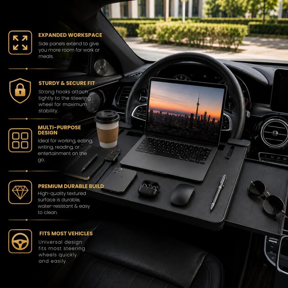 3-in-1 Steering Wheel Tray, Car Desk for Laptop, Food Tray for Eating & Work, Adjustable Car Table with Drawer & Anti-Slip Design, Multipurpose Travel Car Accessories
