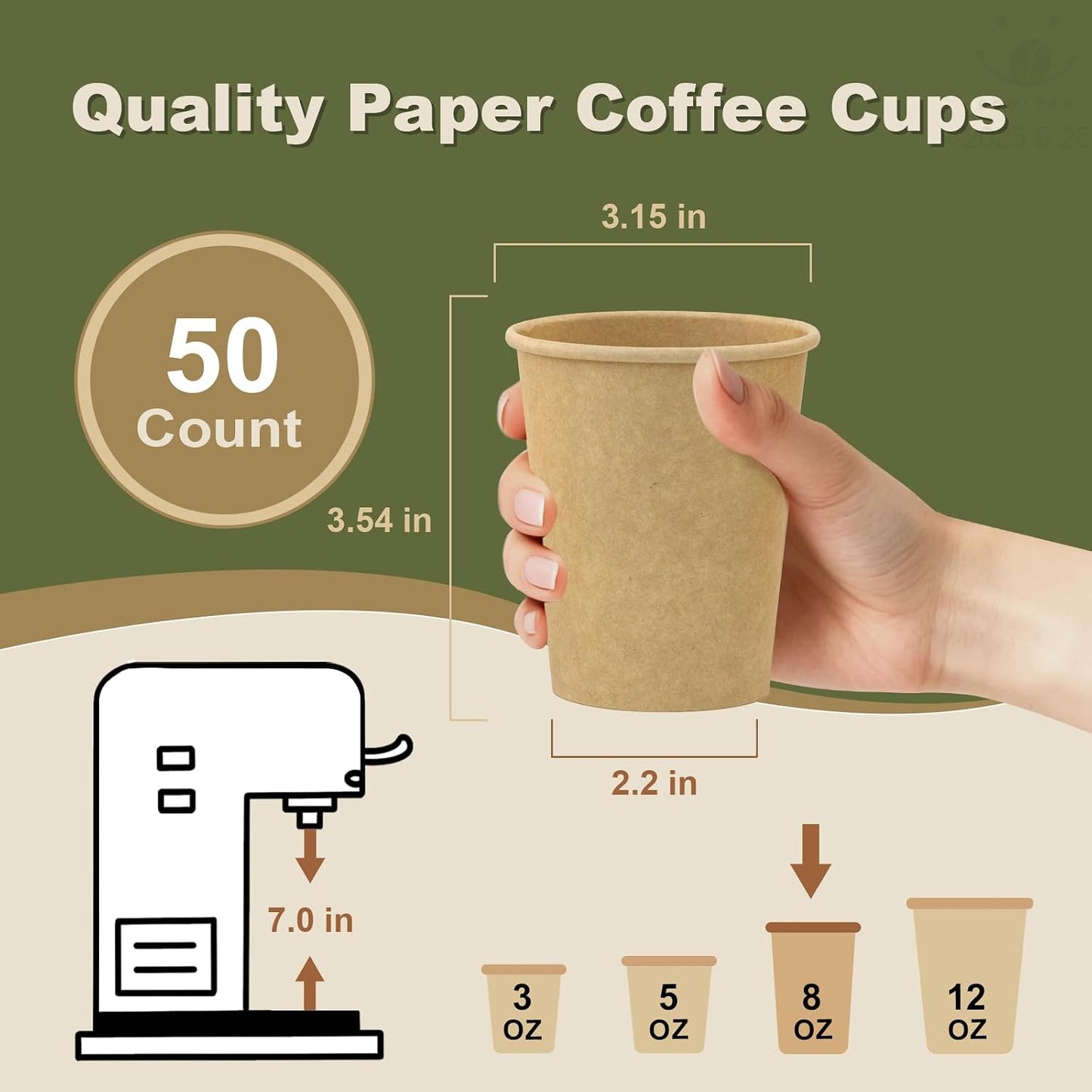 8 oz 50 Pack Disposable Coffee Cups, Bulk Brown Disposable Paper Cups, Coffee Cups for Hot Tea, Chocolate and Cold Drinks