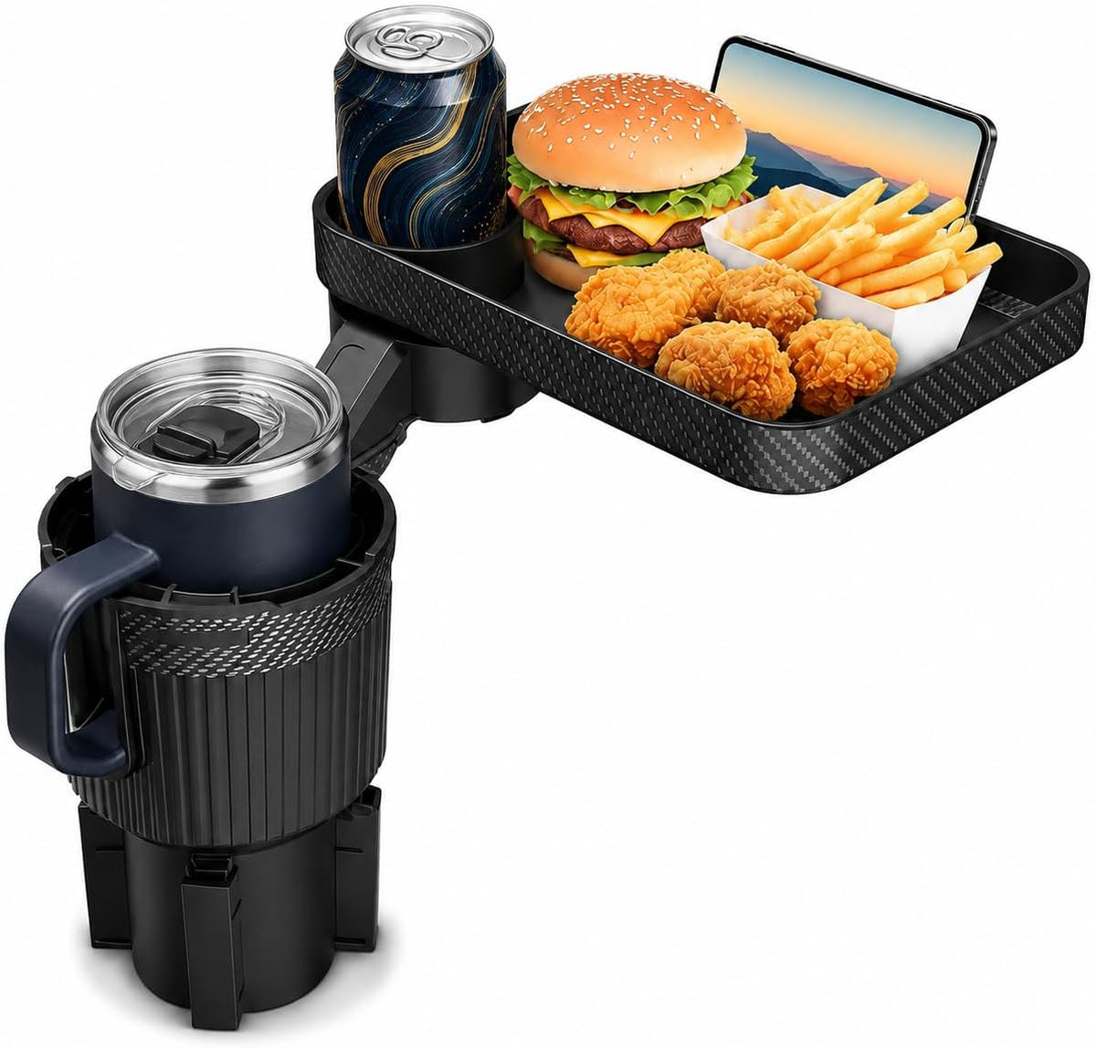 NEVERLAND Car Cup Holder Expander with Tray - 3-in-1 Car Food Tray & Table for Eating - 10" Rotating Surface with Phone Holder - Fits Yeti, Stanley, Owala up to 64 oz - Black Road Trip Essentials
