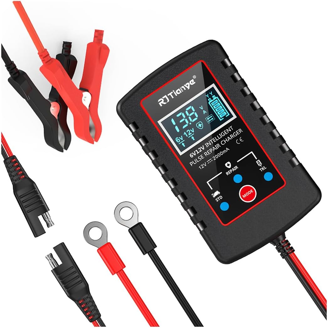 zipelo Car Battery Charger, 6V 12V Automatic Smart Trickle Battery Charger, Intelligent Pulse Repair Charger with ASE Adapter Cable, Battery Desulfator for Motorcycle Lawn Mower Marine
