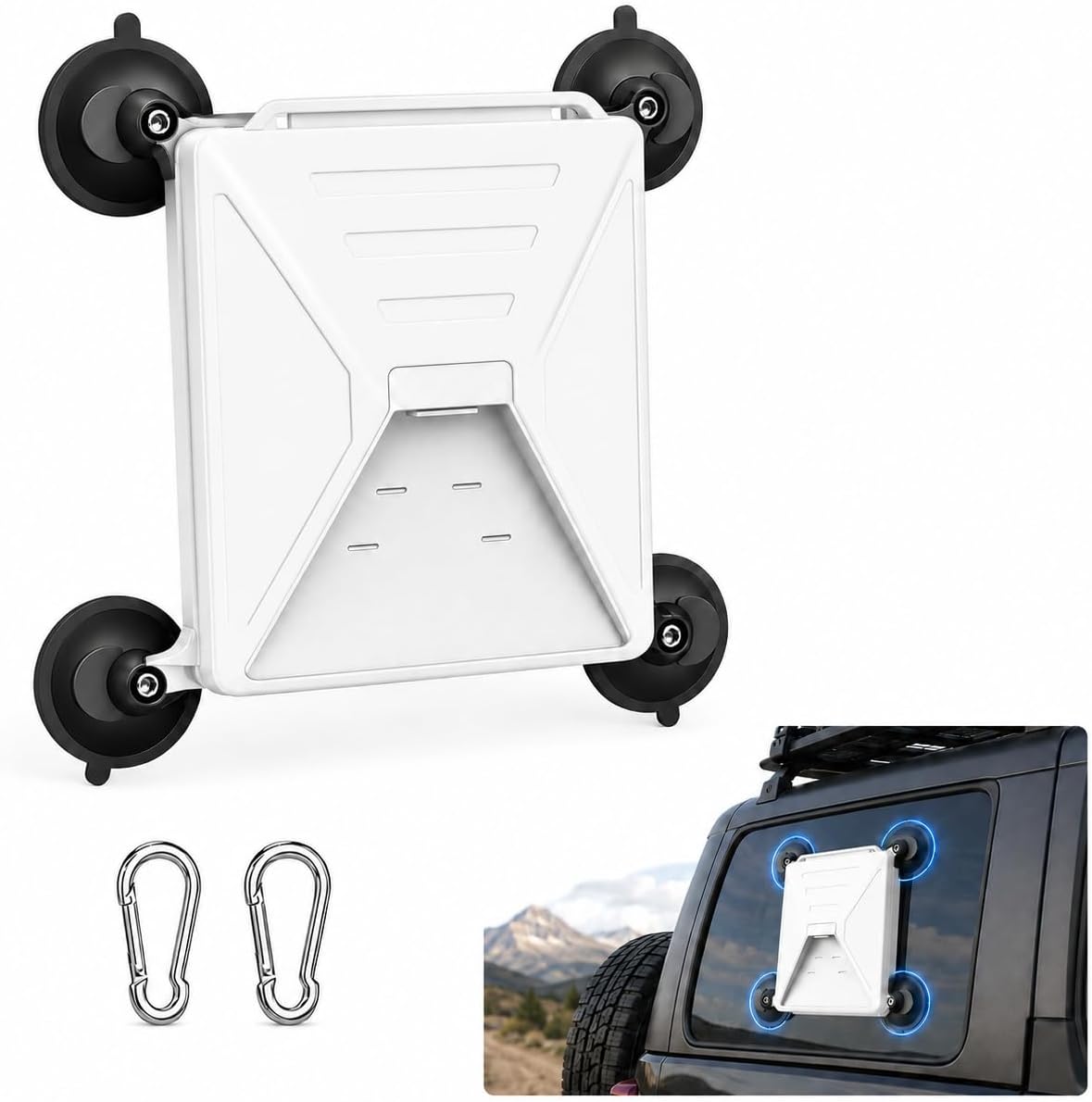 Starlink Mini Suction Cup Mount, 2-in-1 Open-Front Silicone Protective Holder, Fits Mini Only, 4 Heavy-Duty Cups & 2 Steel Hooks for RV Truck Car Window, Boat Cabin & Camping (White)