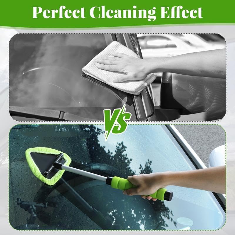 Windshield Cleaning Tool, Microfiber Car Window Cleaner with 3 Reusable and Washable Microfiber Pads and Extendable Handle (Green)