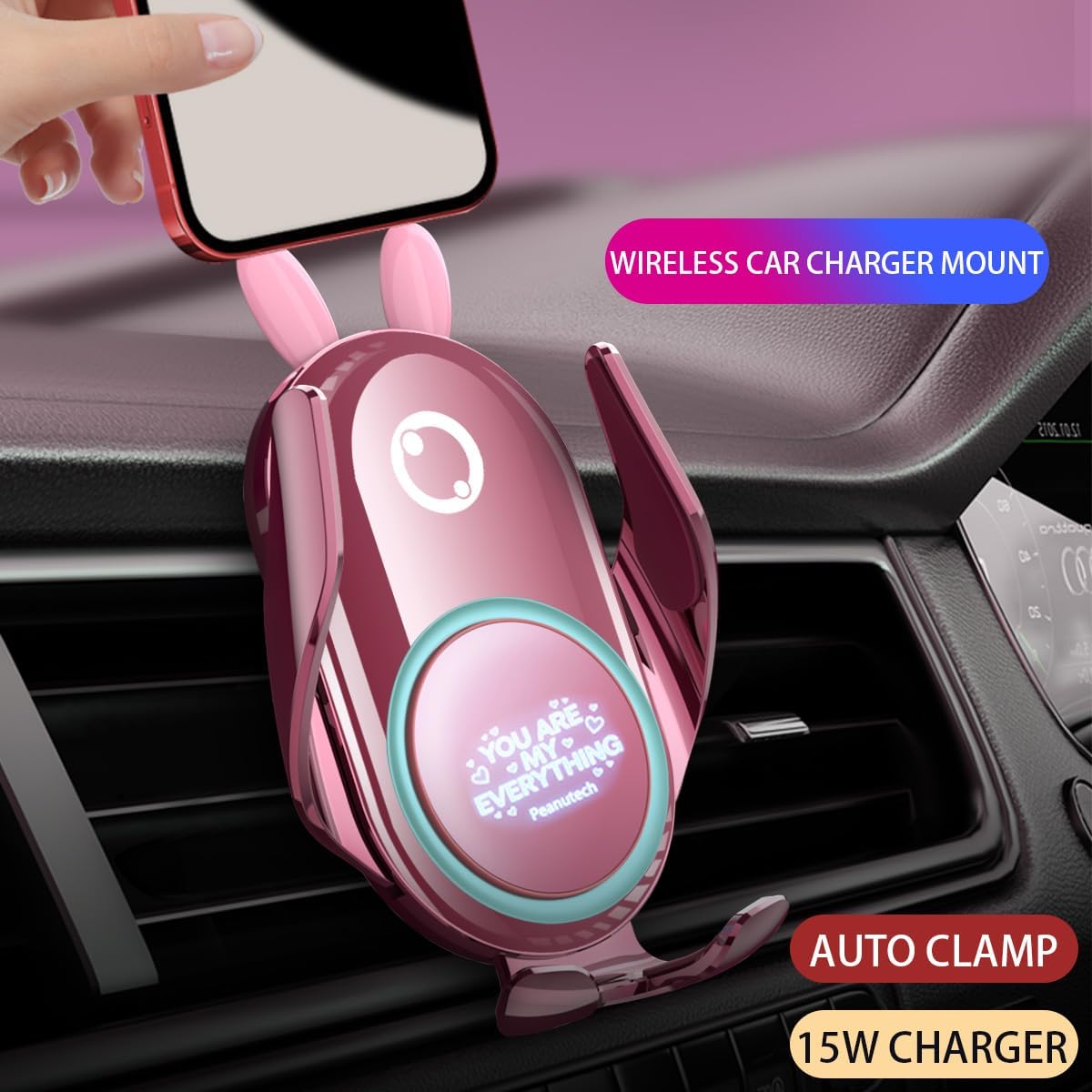 Auto Clamp Wireless Charging Car Mount, Pink Cute Rabbit Car Phone Holder