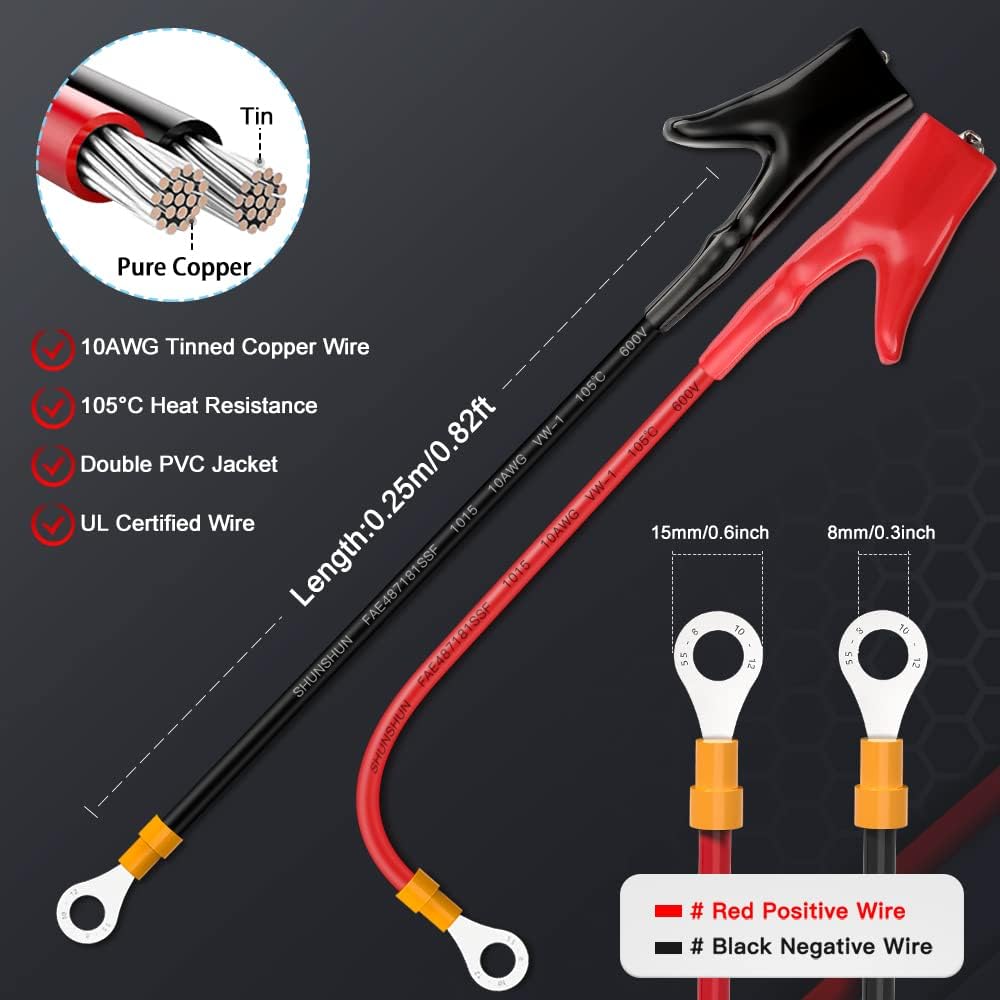 ELECTOP Upgraded 10AWG Battery Alligator Clips Booster Jumper Cable, Battery Charger Clamps to O Ring Terminal Harness Wire, Quick Disconnect/Connect Cable for Inverter Car Battery Charging