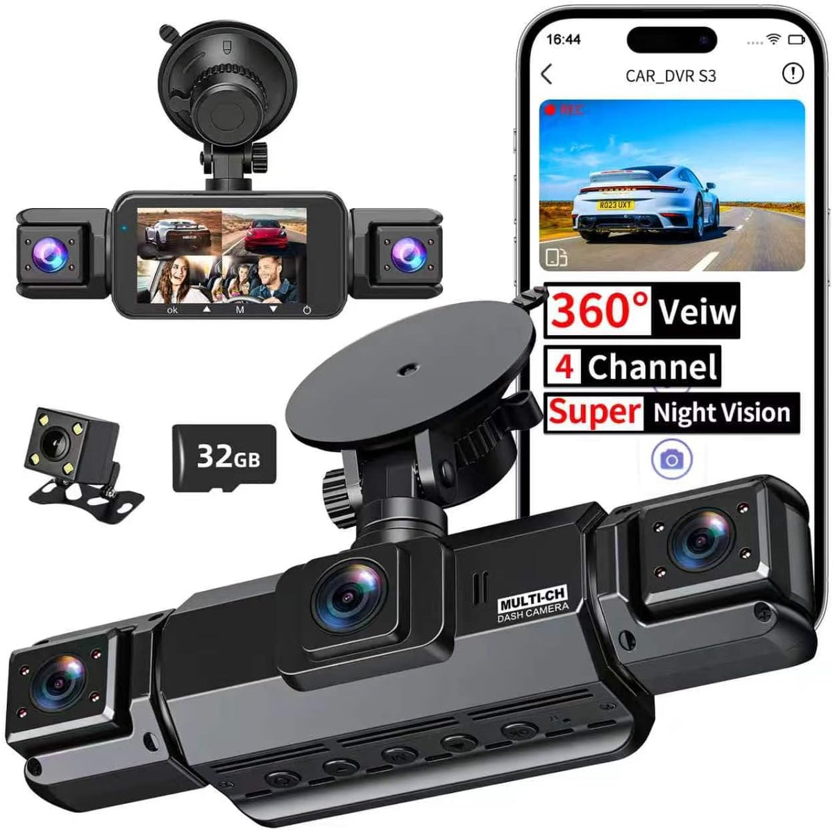 4 Channel Dash Cam, 360 Dash Camera for Cars, 2K Front + 1080P Rear/Left/Right Camera, Built-in WiFi, APP Control，G-Sensor, Super Night Vision, 24/7 Recording Parking Mode Monitor, Free 32G SD Card