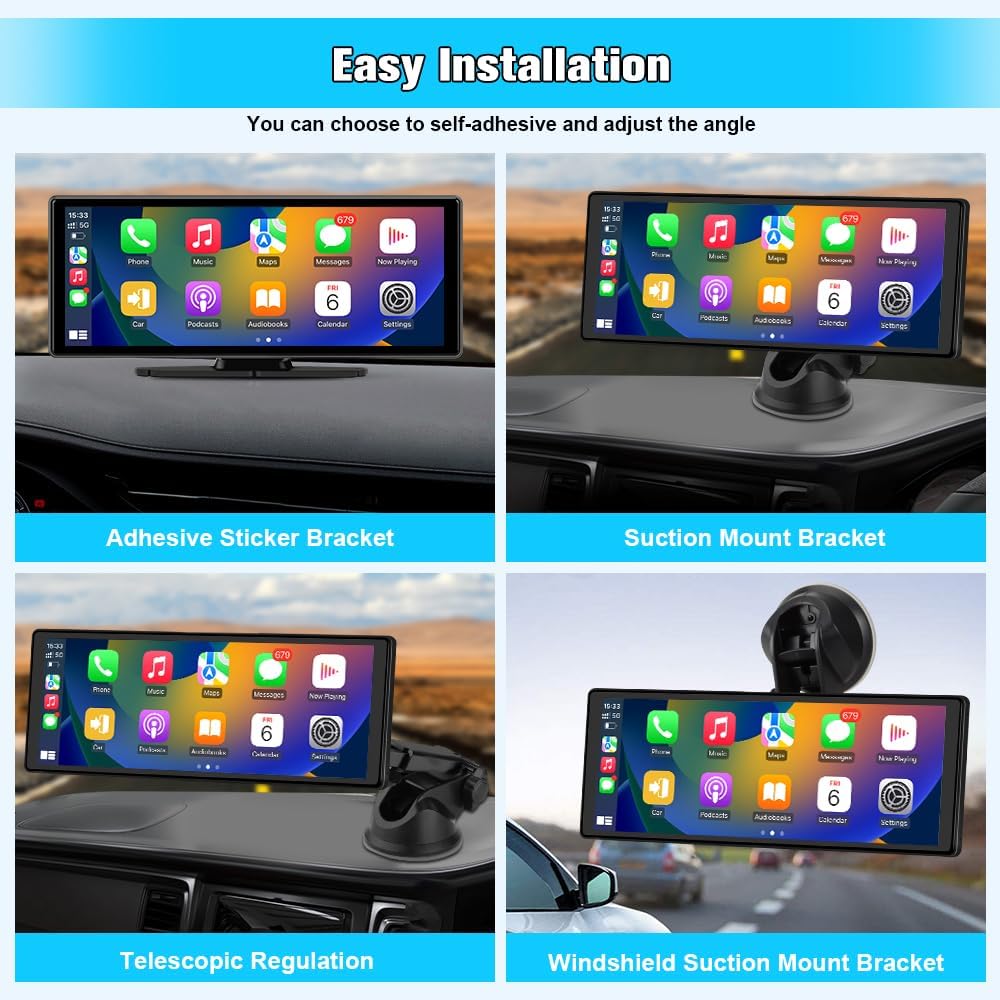10.26" Carplay Screen for Car Portable, Carplay & Android Auto Car Stereo, Touchscreen GPS Navigation 4K Dash Cam/1080P Backup Camera/Mirror Link/Bluetooth/Voice Control