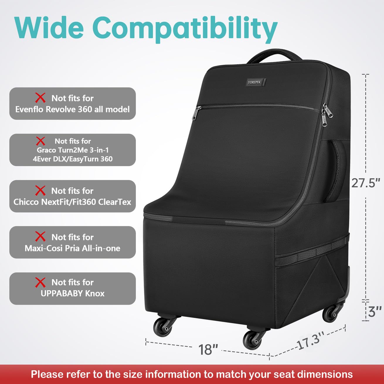 YOREPEK Padded Car Seat Travel Bag for Airplane with Wheels | 4 Spinner Wheels & Stable Base, Shoulder Straps, Extra Pocket for Baby Travel Essentials, Car Seat Carrier for Airport