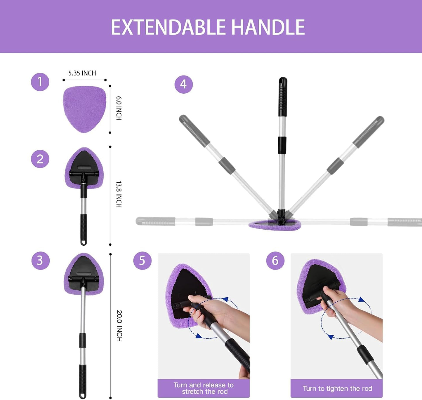 Qydipclin 10pcs Windshield Cleaning Tool Inside Car Window Cleaner Wash Kit with 4 Reusable Microfiber Pads 1 Spray Bottle and Extendable Handle Interior Auto Glass Wiper Kit, Purple