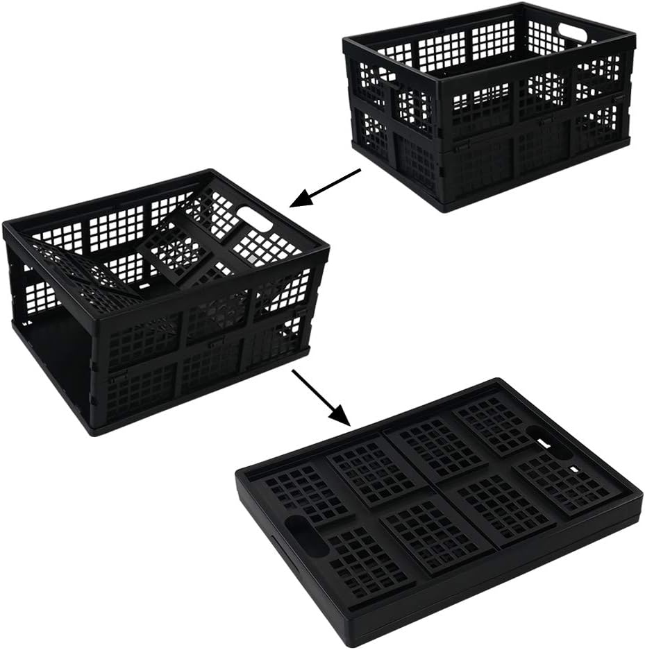 Morcte 34 L Plastic Rectangular Collapsible Crates, Pack for 3, Black | Folding Crates Storage, Space Saving, Stackable, Sturdy Build, Ideal For Groceries, Tools & Household Items