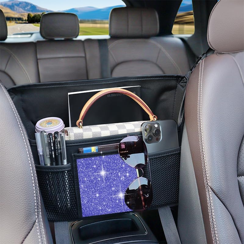 Blue Diamond Car Handbag Holder Between Seats Bling Rhinestone Car Storage Bag Large Capacity Purse Phone Tablet Automotive Consoles Organizer Safe Barrier of Backseat Pet Kids…