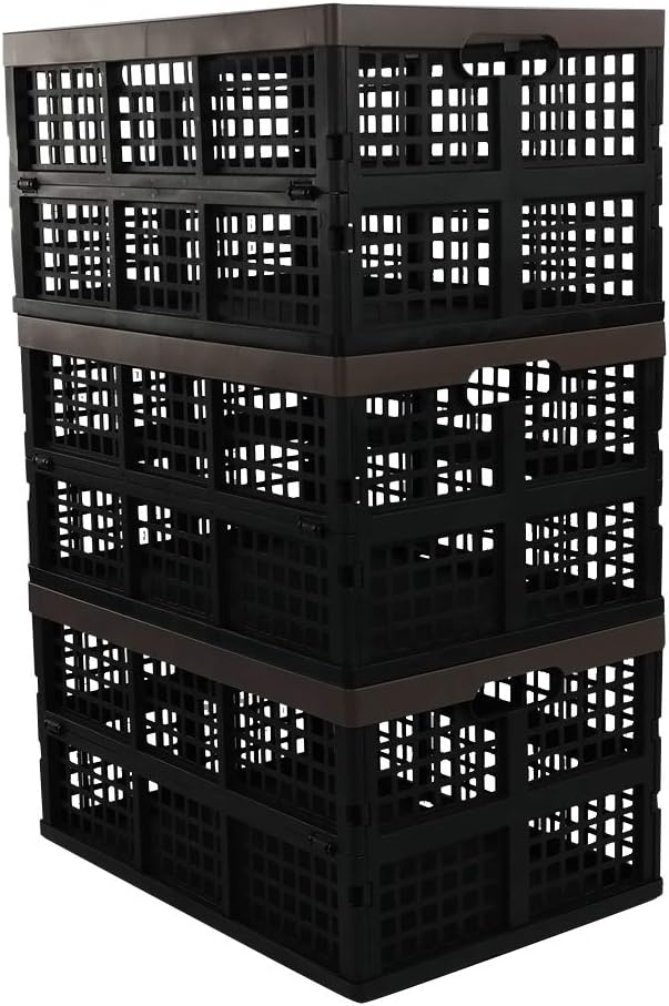 Morcte 34 L Plastic Rectangular Collapsible Crates, Pack for 3, Black | Folding Crates Storage, Space Saving, Stackable, Sturdy Build, Ideal For Groceries, Tools & Household Items