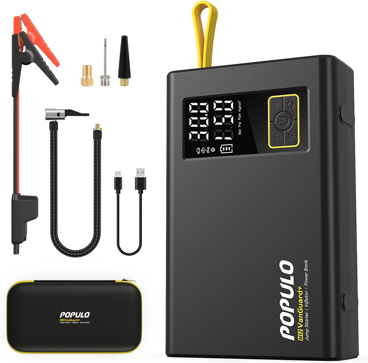 POPULO Car Jump Starter with Air Compressor, 12V 59.2Wh Portable Booster Pack Box with 150PSI Digital Tire Inflator, Extended Smart Clamps, 3000A 4-in-1 Auto Battery Starter (All Gas/12L Diesel)