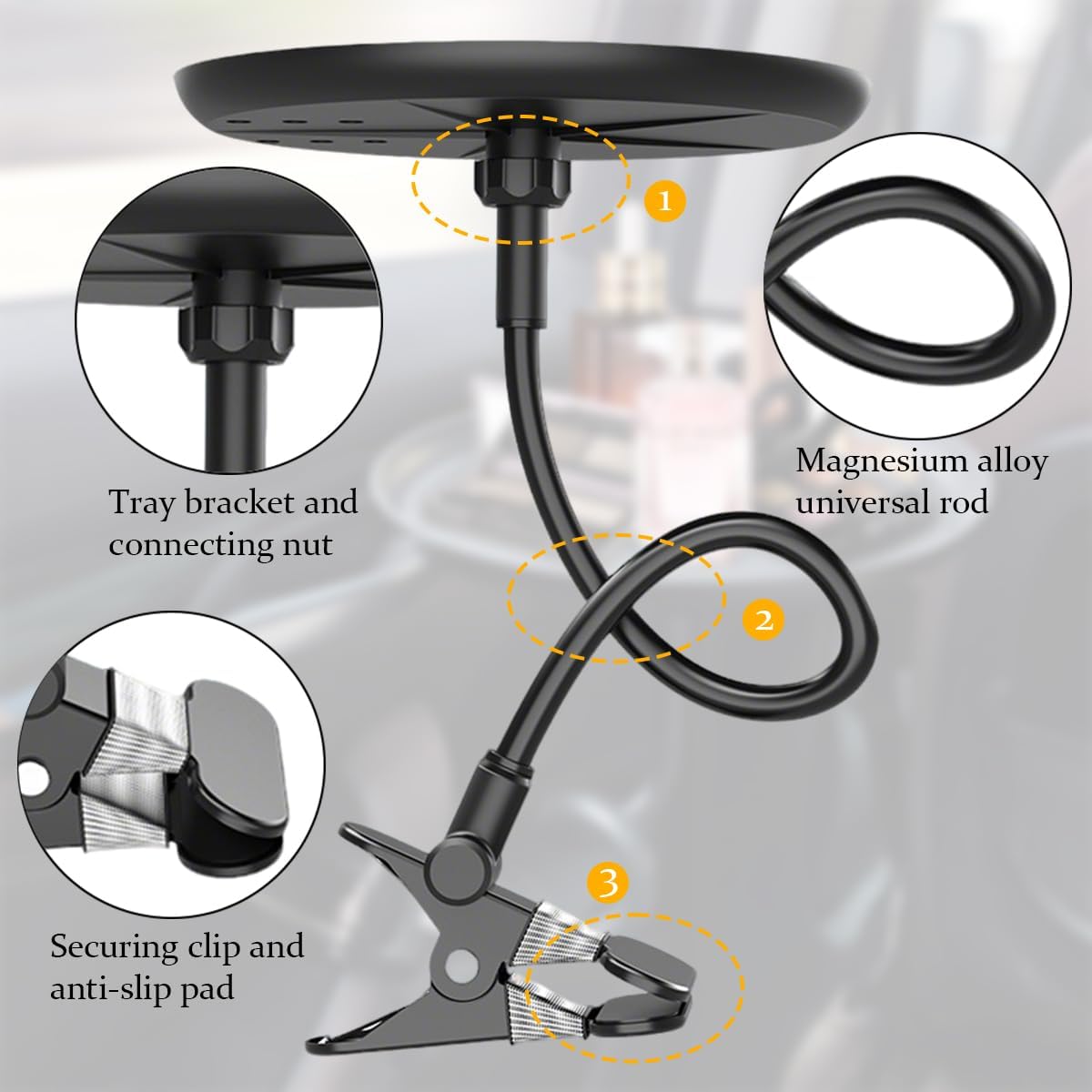 Car Adjustable Food Tray, 360 Degree Swivel Non-Slip Clip Type Vehicle Snack Drink Cup Eating Table, 8.7" Diameter Automotive Food Storage Dining Tray, Universal for Vehicles