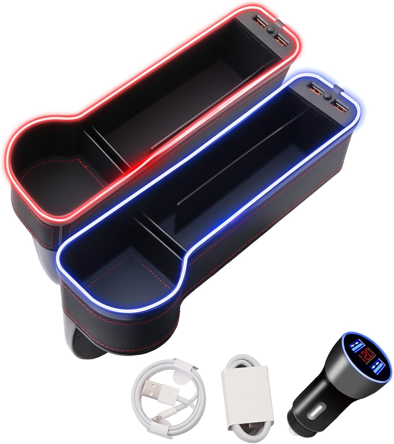 Car Seat Gap Filler Organizer, 2 Pack Multifunctional Car Seat Organizer, 7 Colours Changing LED Car Seat Seam Filler, Auto Console Side Storage Box with Cup Holders(BLACK)