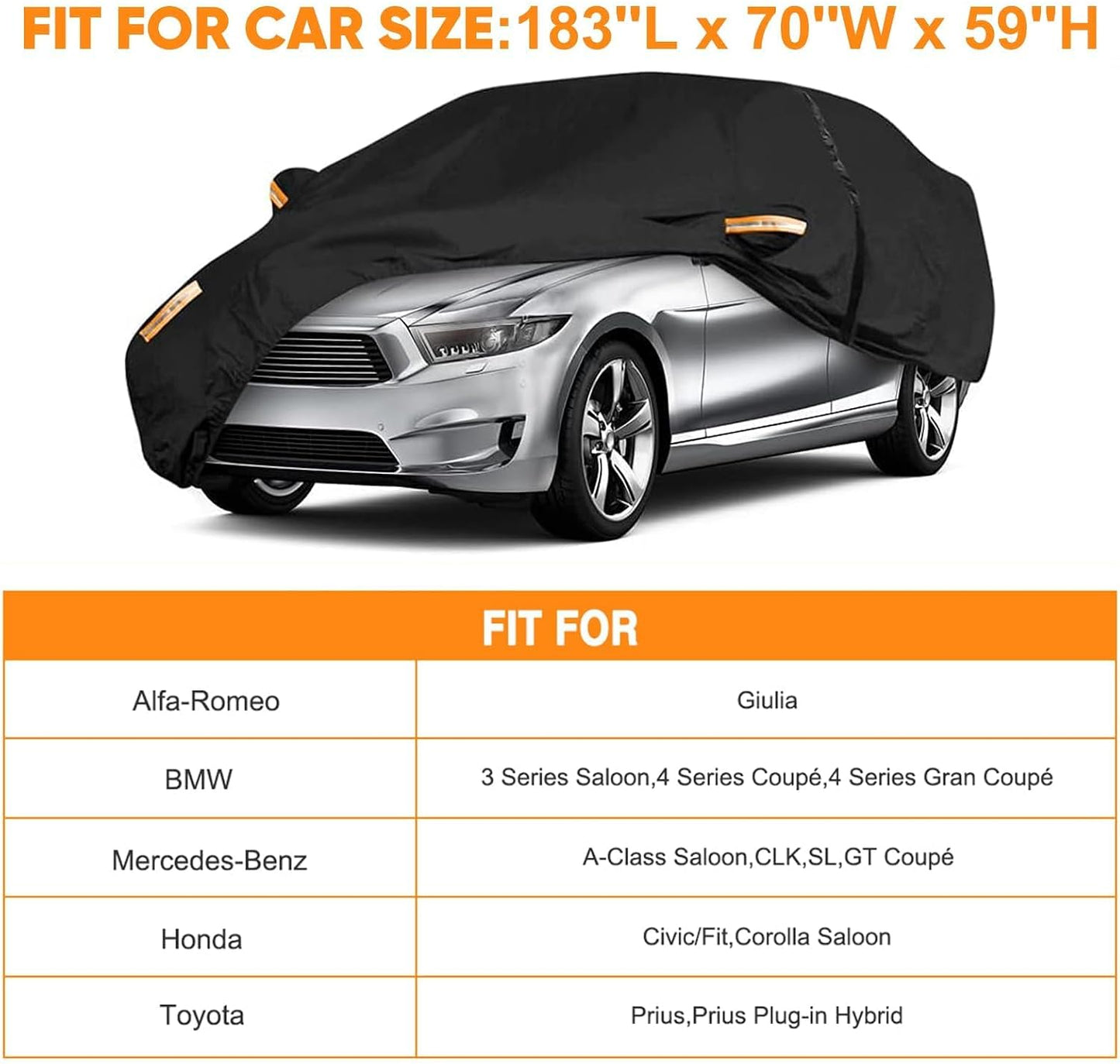 NEVERLAND Sedan Car Cover Waterproof Heavy Duty All Weather Protection Snow Anti-UV Windproof Outdoor Full Car Cover Fit for Automobiles BMW/Mercedes-Benz/Honda（for Car Size:183''L x 70''W x 59''H）