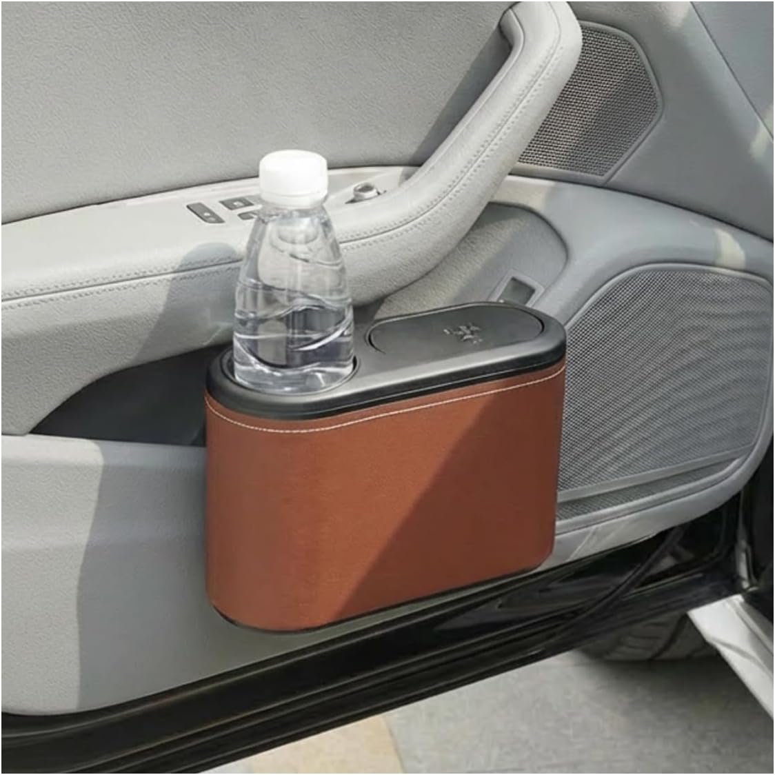 Car Trash Can with Lid, Leakproof Car Back Seat Hanging Garbage Organizer with Cup Holder, Multipurpose Auto Interior Door Trash Bin for Vehicle, Home, Office(Beige)