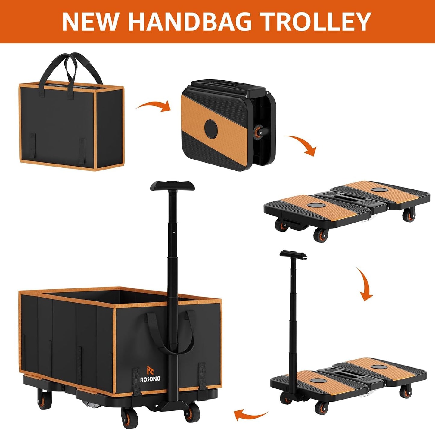 Collapsible Foldable Wagon Cart Heavy Duty, 3-in-1 Utility Dolly Wagons Carts with Wheels, Portable Folding Hand Truck with Removable Bag for Groceries, Laundry, Sports, Office