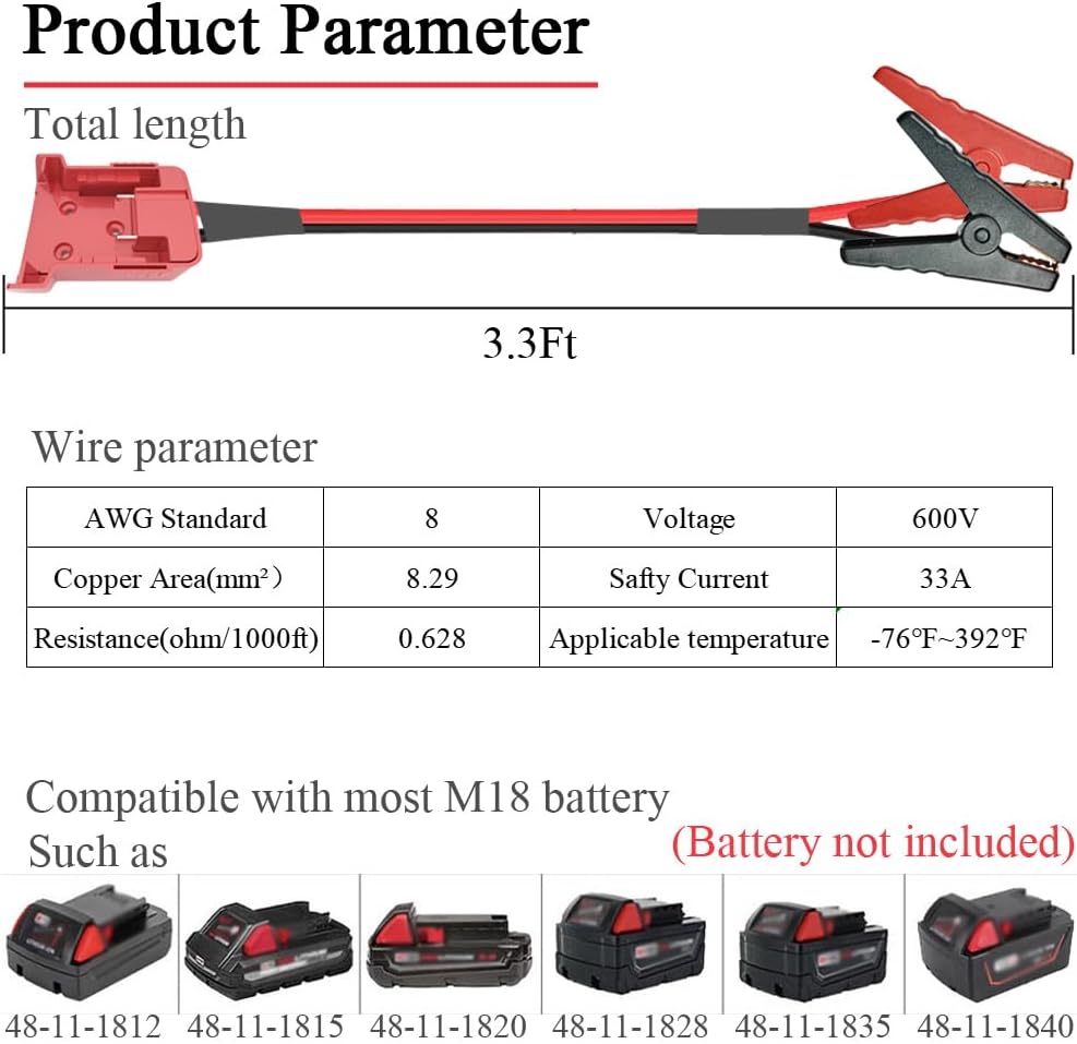 Jumper Cables Compatible with Milwaukee M18 Battery, 3.3FT 8AWG