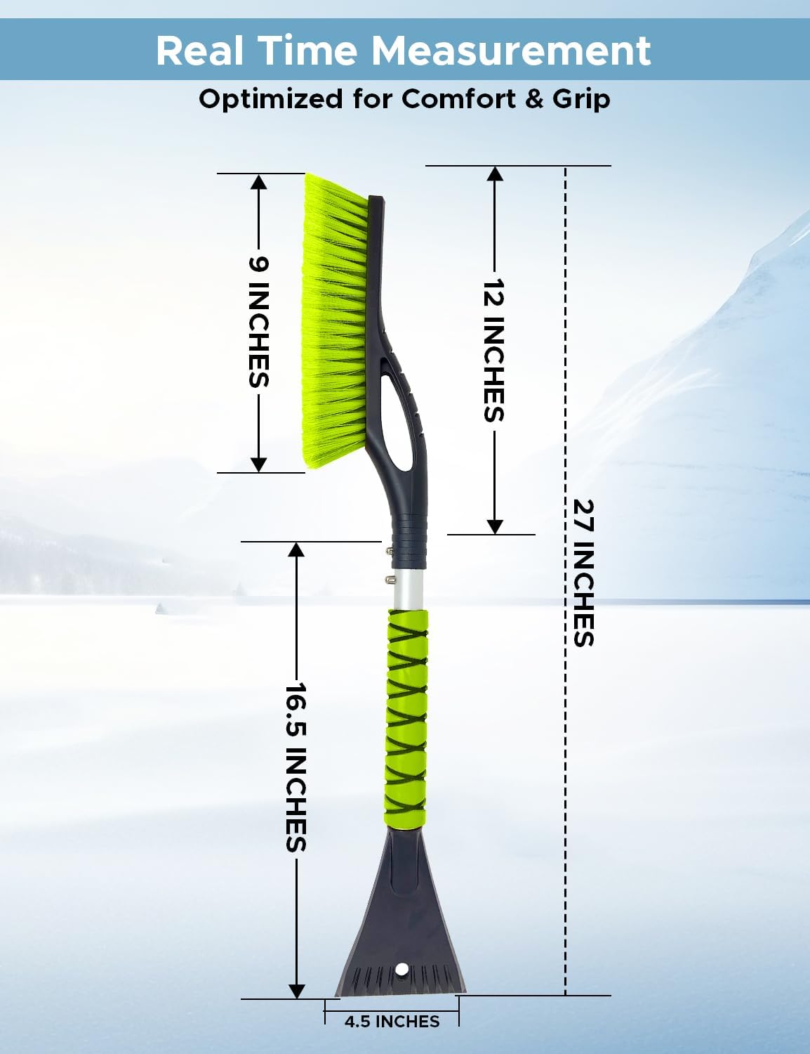 Autovir 27" Snow Brush and Ice Scrapers for Car Windshield (1 Pack), Window Ice and Snow Scraper with Ergonomic Foam Grip, Snow Windshield Scraper with Aluminum Body, Winter Car Accessories (Green)