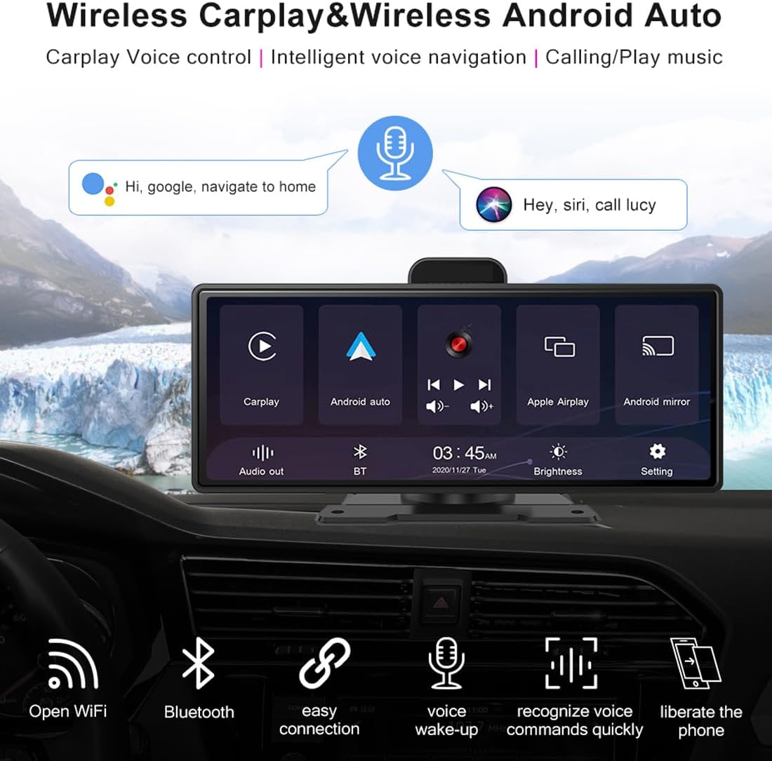 Portable Car Stereo Wireless Apple Carplay & Android Auto 10.26 Inch 2K DVR + 1080P Rear Camera Touchscreen Car Monitor Bluetooth Hands Free Call, Mirror Link/AUX/FM Transmitter for All Vehicle Truck