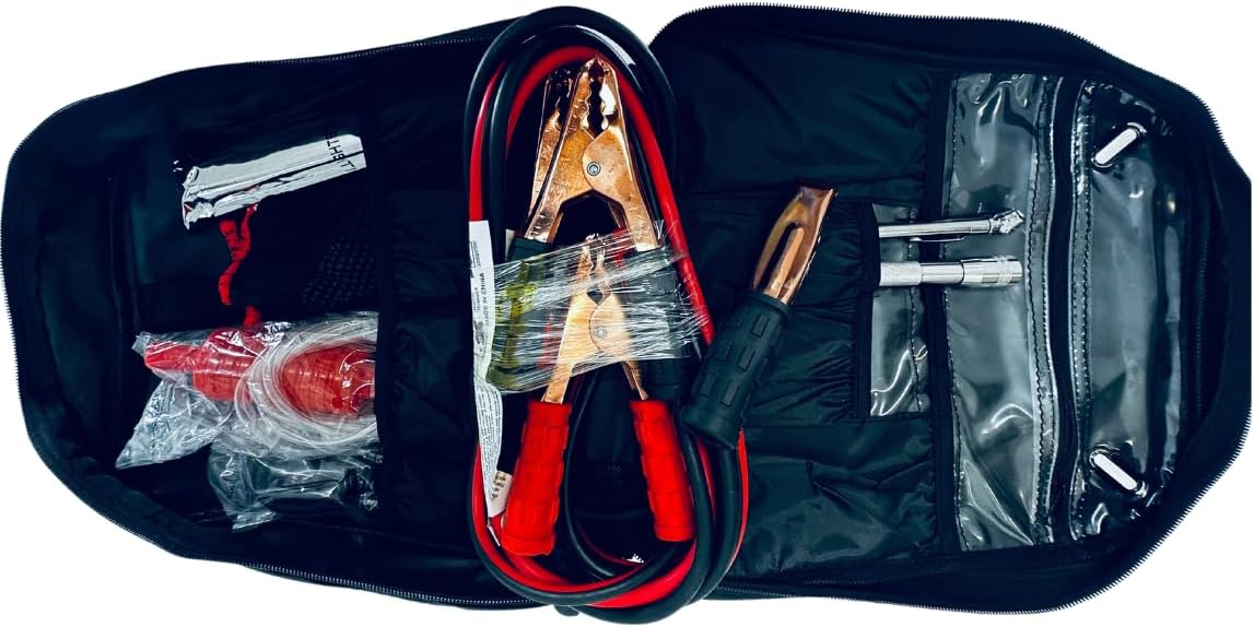 12-Piece Roadside Emergency Tool and Auto Kit with Jumper Cables, Warning Triangle, Gas Siphon, Mylar Blanket, Bungee Cords, Glow Sticks, Gloves, Flashlight, Tire Gauge, Carrying Case