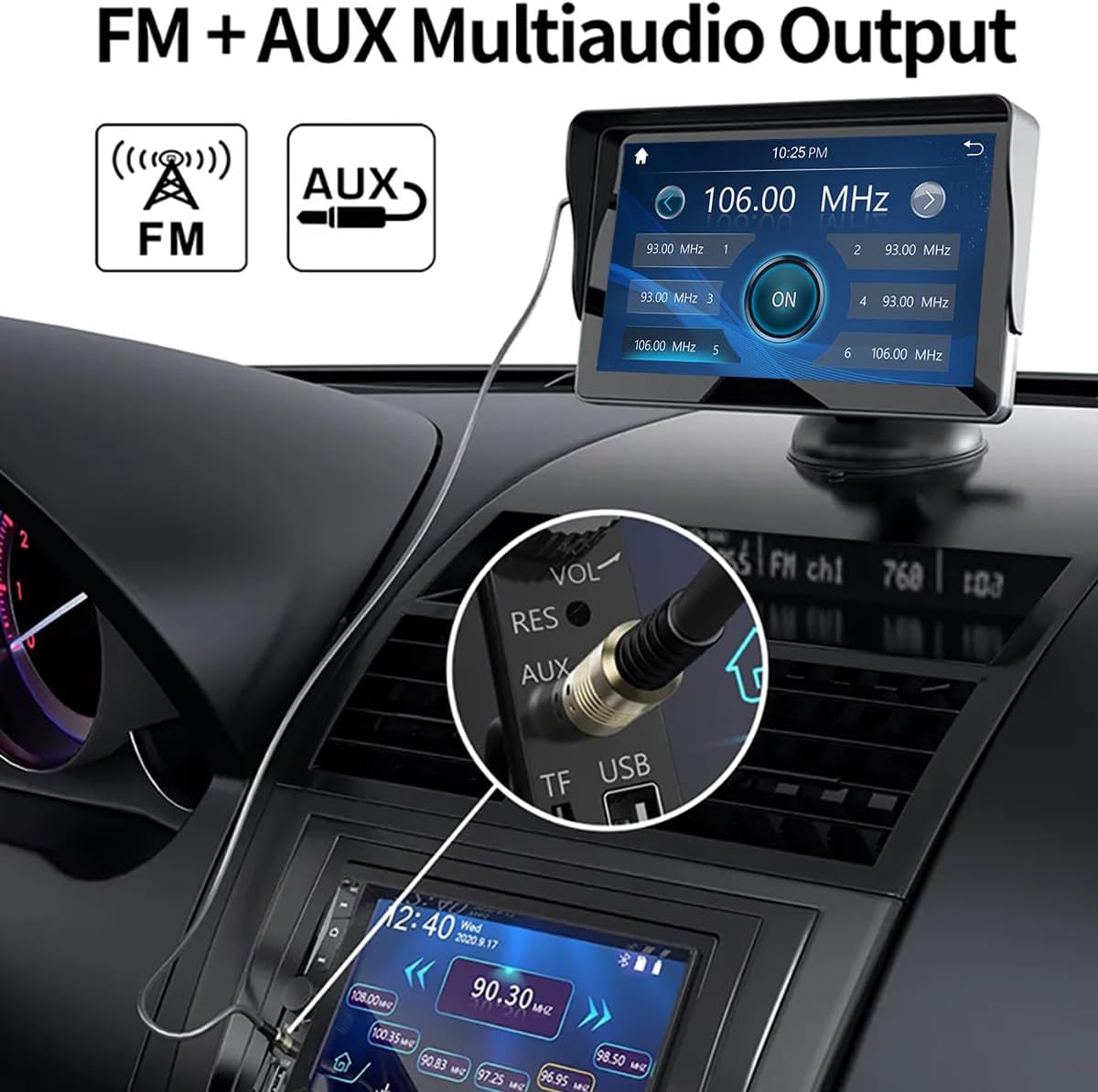 Portable Wireless Apple CarPlay and Android Auto Car Radio, 7 inch Touchscreen Bluetooth Hands Free Call Car Stereo, Mirror Link/AUX/FM Transmitter for All Vehicle&Truck Dash or Windshield Mounted